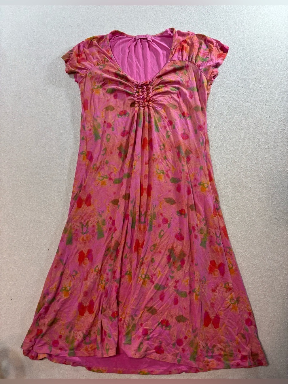 Fresh Produce Pink Floral Dress Small Boho Empire Waist USA Stretch Rayon - Picture 2 of 7